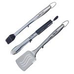 Dyna Glo 3PC Stainless Steel Grill Set. Tong, Spatula, Basting Brush - W. Stands