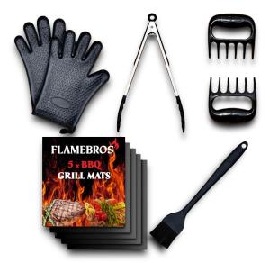11 PCS BBQ Grilling Set Tools Flamebros Kit, Grill Accessories with Grill Mats for Camping/Backyard Barbecue, Utensils Set, Gloves, Tongs & Brush