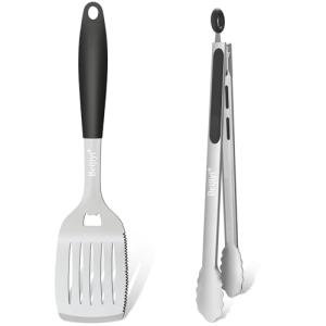 Beijiyi Stainless Steel Grill Spatula and Tongs, Heavy Duty BBQ Grill Tools Accessories Set for Outdoor Grill, Full Tang Silicone Handle, Grilling Tools Barbecue Accessories for Cooking