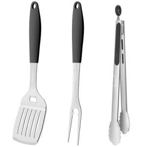Beijiyi Grill Tools Set, Stainless Steel BBQ Tools Metal Grill Spatula, Tongs and Fork for Outdoor Grill with Silicone Handle, Heavy Duty Grilling Tools Grill Accessories for BBQ Cooking (Silver)