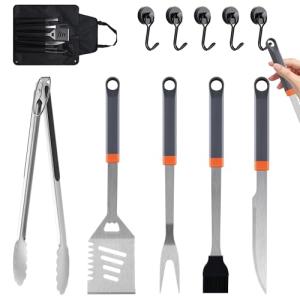 11-Piece Grill Tools Set, BBQ Grilling Accessories with Tongs & Spatua, Stainless Steel Portable Grill Tools Kit with Hooks & Storage Apron for Camping, Grilling Gifts for Men Dad