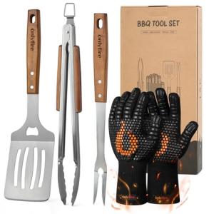 Onlyfire 5-Piece Grill Tool Set, Stainless Steel Griddle Accessories for Outdoor Camp Chef, Multifunctional Grill Utensil Set Including Grill Spatula, Meat Fork, Barbecue Tong and BBQ Gloves