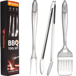BBQ Grill Accessories, 18” Heavy Duty BBQ Grill Tools Set with Silicone Handle, BBQ Grill Set with Tongs, Spatulas, and Forks, Perfect Grill Utensils Gift for Men, Stainless Steel Grilling Tools.