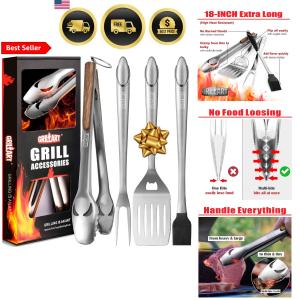 18-Inch BBQ Tools Set with Tongs, Spatula, Fork