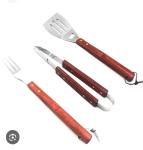 BBQ Tool Set with Wooden Handles: Spatula, Fork, Tongs