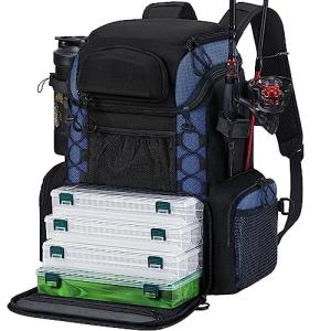 Piscifun Fishing Tackle Backpack with Rod Holders & 4 Tackle Boxes, Outdoor Fishing Bag with Waterproof Rain Cover Black