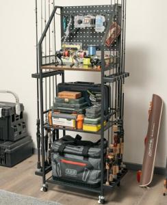 SOYEEZE Fishing Rod Holders for Garage, Fishing Pole holders, Fishing Gear Storage up to 12 Rods with Hooks and Wheels, Fishing Cart For Fishing Rod Tackle Box Reel Storage