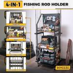 SOYEEZE Fishing Rod Holders for Garage, Fishing Pole holders, Fishing Gear Storage up to 12 Rods with Hooks and Wheels, Fishing Cart For Fishing Rod Tackle Box Reel Storage