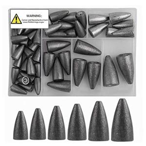 FCFKUK 50Pcs Bullet Lead Fishing Sinkers Weights Kit with Gray Sinkers in 6 Sizes