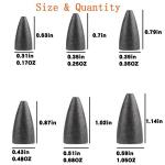 FCFKUK 50Pcs Bullet Lead Fishing Sinkers Weights Kit with Gray Sinkers in 6 Sizes