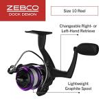 Zebco Dock Demon Spinning Reel and Fishing Rod Combo, 30-inch 1-Piece Fiberglass Fishing Pole, EVA Rod Handle, Size 10 Reel, Powertrain Drag, Pre-Spooled with 6-Pound Zebco Line, Purple