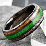 King's Cross Awesome 6mm/8mm Tungsten Carbide Low Dome Band Ring with Fishing Line Between Whiskey Barrel Oak Wood and Deer Antler Inlays. Multiple Colorways. (Black/Green, 8mm 8)