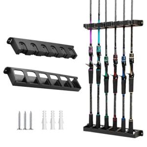 Tcakelox Fishing Rod Holder for Garage Fishing Pole Holders Fishing Rod Rack Vertical Wall-Mounted for Garage Stores 6 Rods or Combos Fits Most Rod Diameters (Vertical Black, 1 Pair)
