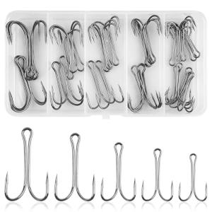 Classic Double Fishing Hooks Kit 30/140pcs Frog Hooks Fly Tying Fishing Hooks Sharp Open Shank 3X Strong High Carbon Steel Barbed Black Small Size for Saltwater and Freshwater