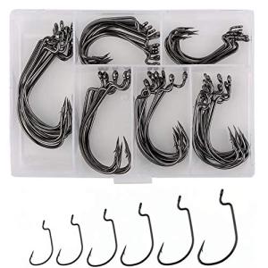 60pcs Offset Worm Hook High Carbon Steel Wide Gap Bait Jig Fish Hooks with Plastic Box #1-5/0