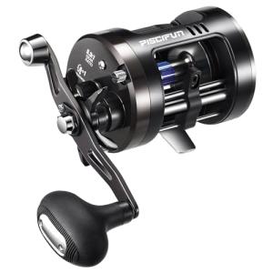Piscifun Chaos Pro Baitcasting Fishing Reel, CNC Machined Aluminum Body Round Catfish Reel with 25LB Max Drag, Trolling Reel with Level Wind & Magnetic Braking for Lake & Saltwater, Black, Right Hand
