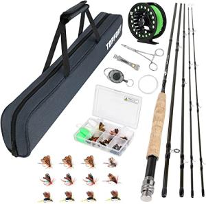 TOPFORT Fly Fishing Rod and Reel Combo Starter Kit, 4 Piece Lightweight Ultra-Portable Graphite Fly Rod Complete Starter Package with Carrier Bag