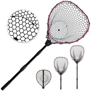 SEASPRO Red Telescoping Rubber Fishing Net Aluminum Alloy Fish Net - Adjustable Length Lightweight Foldable Large Fishing Net with Handle Collapsible Extendable Fishing Accessories