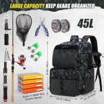 RAINSMORE 45L Fishing Backpack with Rod Holder & Waterproof Rain Cover, 900D Heavy-Duty Adjustable Compartments Fishing Tackle Bag Storage Fishing Gear - Gift for Men, Dad (Black and Blue Camouflage)