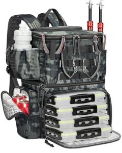 MATEIN Fishing Backpack with 4 Tackle Boxes & Rod Holder, Tackle Backpack with Safety Compass & Insulated Compartment, Water Resistant Fishing Tray Bag Storage Gear and Equipment, Gifts for Fishermen