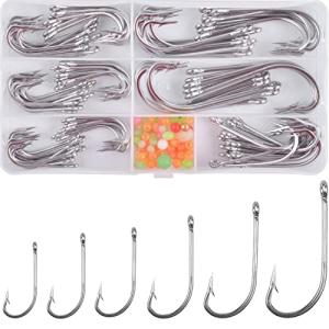 Saltwater J Hooks, 130pcs Stainless Steel O'Shaughnessy Long Shank Forged Trolling Hooks - Extra Strong With Fishing Beads for Saltwater and Freshwater Fishing
