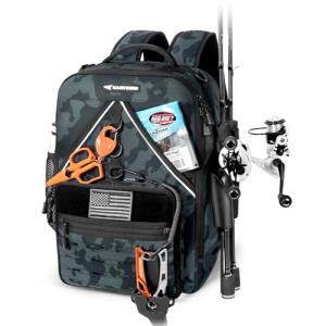 KastKing KarryAll KastMate Fishing Tackle Backpack,Water-Resistant Tackle Bag With 2 Rod Holders,Fishing Gear and Equipment With Large Gear Storage,Black Camo