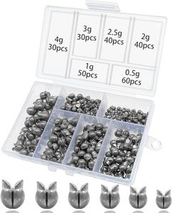 250Pcs Split Shot Fishing Weights Sinkers, 6 Sizes Removable Round Lead Assortment Open Mouth Fly Fishing Weight Clip on Sinker Weight Freshwater Saltwater Fishing Accessories