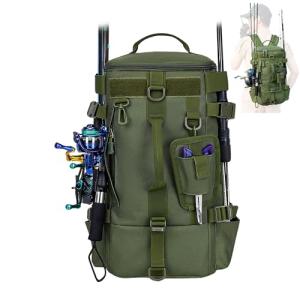 Fishing Tackle Backpack – 15L Water-Resistant Tackle Storage Backpack with Rod Holder, Oxford Fabric, MOLLE System – Lightweight Fishing Gear Bag for Men Hiking, Kayak, Outdoor Trip(Bag Only)