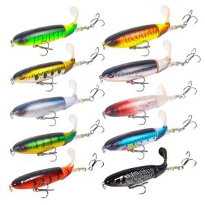 RTGSE 10Pcs Whopper Fishing Lure for Bass Popper Top Water Fishing Lures with Floating Rotating Tail Barb Treble Hooks in Saltwater Freshwater Plopping Lures Kit