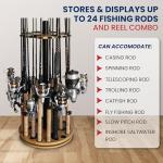 Rush Creek Creations 24 Rod Fishing Pole Holder - 360° Rotating Rack for Garage Organization and Storage, Reels, Gear, Accessories, Tackle Box