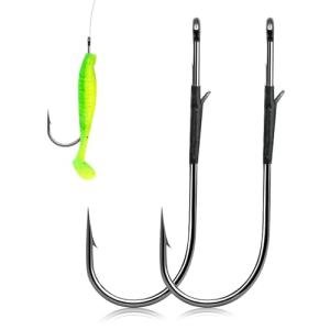 FishTrip Baitholder Worm Hooks, 30Pcs 3X Strong Long Shank Flipping Bait Holder Bass Fishing Hook for Drop Shot Rigs Freshwater Saltwater 4/0