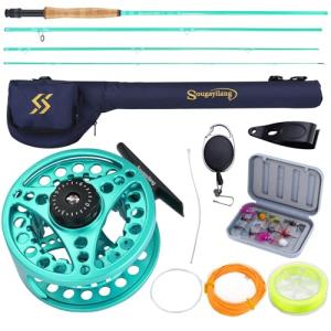 Sougayilang Fly Fishing Combo, 4 Piece Fly Rod and Die Cast Aluminum Alloy Reel Complete Starter Package with Rod Bag-Turquoisee-#5