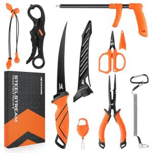 KastKing SteelStream 8pc Fishing Tool Kit - Fishing Pliers with Lanyard, Fillet Knife, Floating Fish Lip Gripper, Fishing Braid Scissors, Tool Retractor, Fishing Hook Remover, Bungee Cords