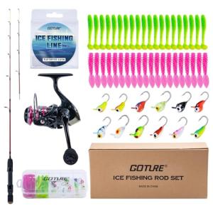 Goture Ice Fishing Rod Reel Combo, Double Tip Ice Fishing Rod, 52Pcs Ice Jig Set, Ice Fishing Kit Include Ice Fishing Rod, Ice Fishing Reel, Ice Fishing Line, Ice Fishing Lure Ice Fishing Starter Kit