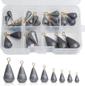 Realure 25 Pcs Small Fishing Weights Mixed 8 Sizes Deep Sea Fishing Weights Assorted 2g 3g 5g 7g 10g 15g 20g 30g Iron Fishing Sinkers Weights with Swivel for River Saltwater Freshwater Mackerel