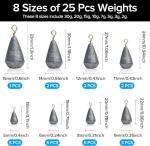 Realure 25 Pcs Small Fishing Weights Mixed 8 Sizes Deep Sea Fishing Weights Assorted 2g 3g 5g 7g 10g 15g 20g 30g Iron Fishing Sinkers Weights with Swivel for River Saltwater Freshwater Mackerel