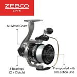 Zebco Spyn Spinning Fishing Reel, Size 20 Reel, Aluminum Spool, Super Tough Titanium-Nitride Plated Bail Wire, 5.3:1 Gear Ratio, Pre-Spooled with 8-Pound Zebco Line, Silver/Black