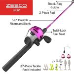 Zebco 202 Spincast Reel and Fishing Rod Combo, 5-Foot 6-Inch 2-Piece Fishing Pole, Size 30 Reel, Right-Hand Retrieve, Pre-Spooled with 10-Pound Zebco Line, Includes 27-Piece Tackle Kit, Pink