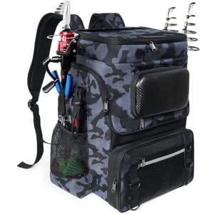 SKAITU Fishing Backpack with Rod Holder, Large 55L Water Resistant Tackle Backpack with Cooler Heavy Duty Fishing Bag Gifts for Men, Camo Black