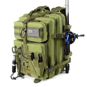 45l Large Fishing Tackle Backpack with Removable Plier Holder & Rod Holders, Green Tactical Bag, Fishing Gear and Tackle Box Organizer, Hiking Rucksack without Tackle Box