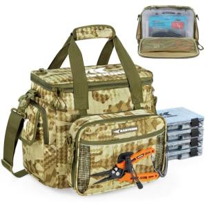 KastKing BaitSpace Fishing Tackle Bag With 4 Tackle Boxes & Removable Bait Binder, Water-Resistant Tackle Storage, Durable Fishing Gear, Adjustable Shoulder Strap