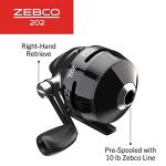 Zebco 202 Spincast Fishing Reel, Size 30 Reel, Right-Hand Retrieve, Durable All-Metal Gears, Stainless Steel Pick-up Pin, Pre-Spooled with 10-Pound Zebco Fishing Line, Black