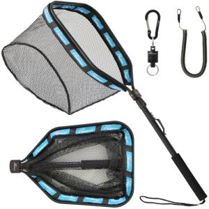 GOODCAT Fishing Landing Net, Black Rubber-Coated Mesh with Aluminum Frame, 17x12.4 Inch Hoop, 32.5 Inch Extended Handle, Foldable Floating Design with Magnetic Release for Kayak Fly Fishing
