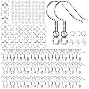 925 Sterling Silver Plated Earring Hooks 150 PCS/75 Pairs,Ear Wires Fish Hooks,500pcs Hypoallergenic Earring Making kit with Jump Rings and Clear Silicone Earring Backs Stoppers (Silver)