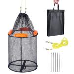 Large Foldable Floating Fishing Basket for Live Caught Fish, Collapsible Rubber-Coated Fish Net Kayak Bait Storage Cage with 5M Double Hook Nylon Rope and 6 Cable Ties, 1 Storage Bag (13x13x15 inch)