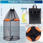 Large Foldable Floating Fishing Basket for Live Caught Fish, Collapsible Rubber-Coated Fish Net Kayak Bait Storage Cage with 5M Double Hook Nylon Rope and 6 Cable Ties, 1 Storage Bag (13x13x15 inch)