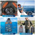 Large Foldable Floating Fishing Basket for Live Caught Fish, Collapsible Rubber-Coated Fish Net Kayak Bait Storage Cage with 5M Double Hook Nylon Rope and 6 Cable Ties, 1 Storage Bag (13x13x15 inch)