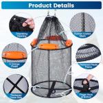 Large Foldable Floating Fishing Basket for Live Caught Fish, Collapsible Rubber-Coated Fish Net Kayak Bait Storage Cage with 5M Double Hook Nylon Rope and 6 Cable Ties, 1 Storage Bag (13x13x15 inch)