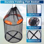Large Foldable Floating Fishing Basket for Live Caught Fish, Collapsible Rubber-Coated Fish Net Kayak Bait Storage Cage with 5M Double Hook Nylon Rope and 6 Cable Ties, 1 Storage Bag (13x13x15 inch)