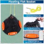 Large Foldable Floating Fishing Basket for Live Caught Fish, Collapsible Rubber-Coated Fish Net Kayak Bait Storage Cage with 5M Double Hook Nylon Rope and 6 Cable Ties, 1 Storage Bag (13x13x15 inch)